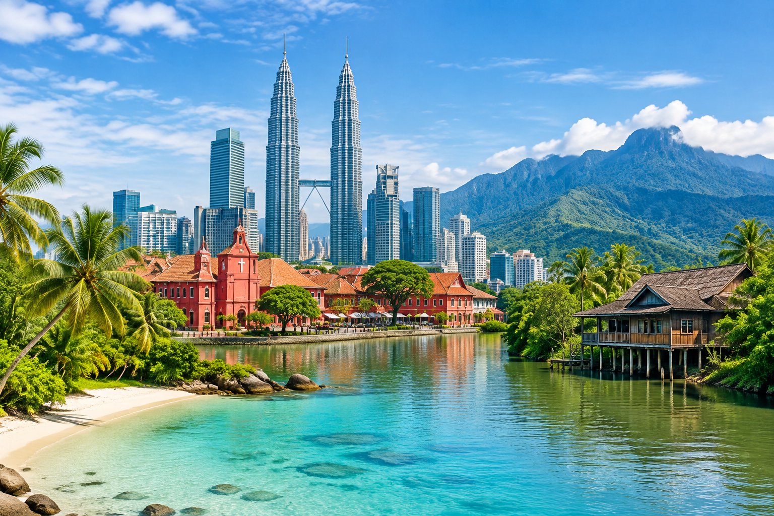 Malaysian landmarks, rainforest mountains, and a tropical shoreline.