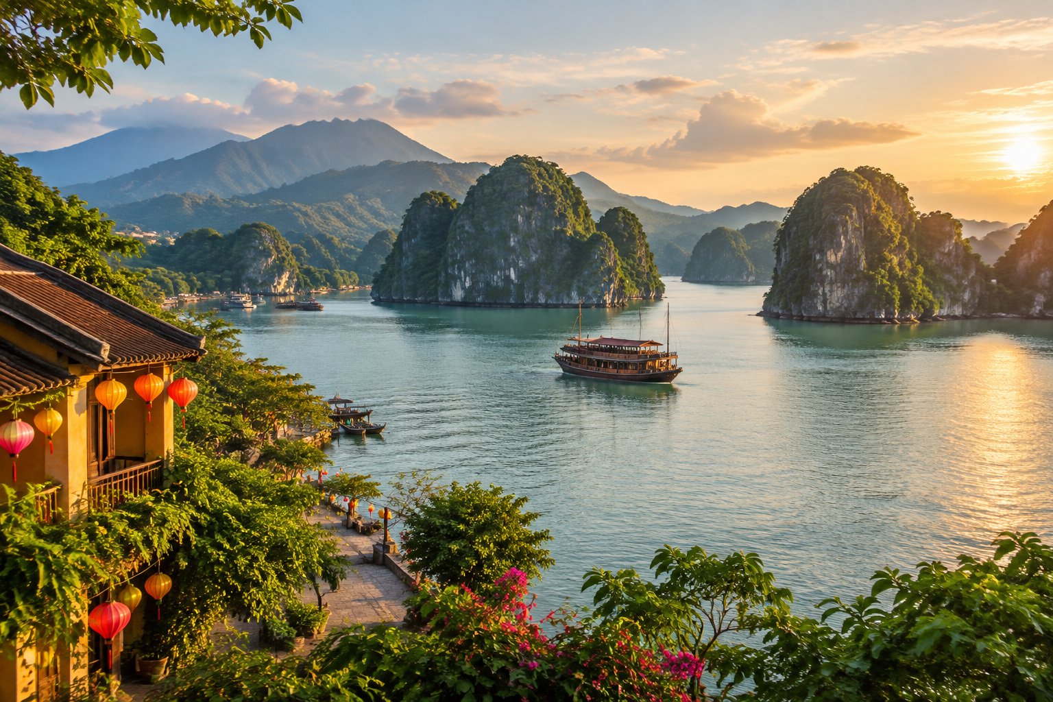 A wooden boat travels across emerald water beneath limestone islands, with riverside buildings and tropical greenery nearby.