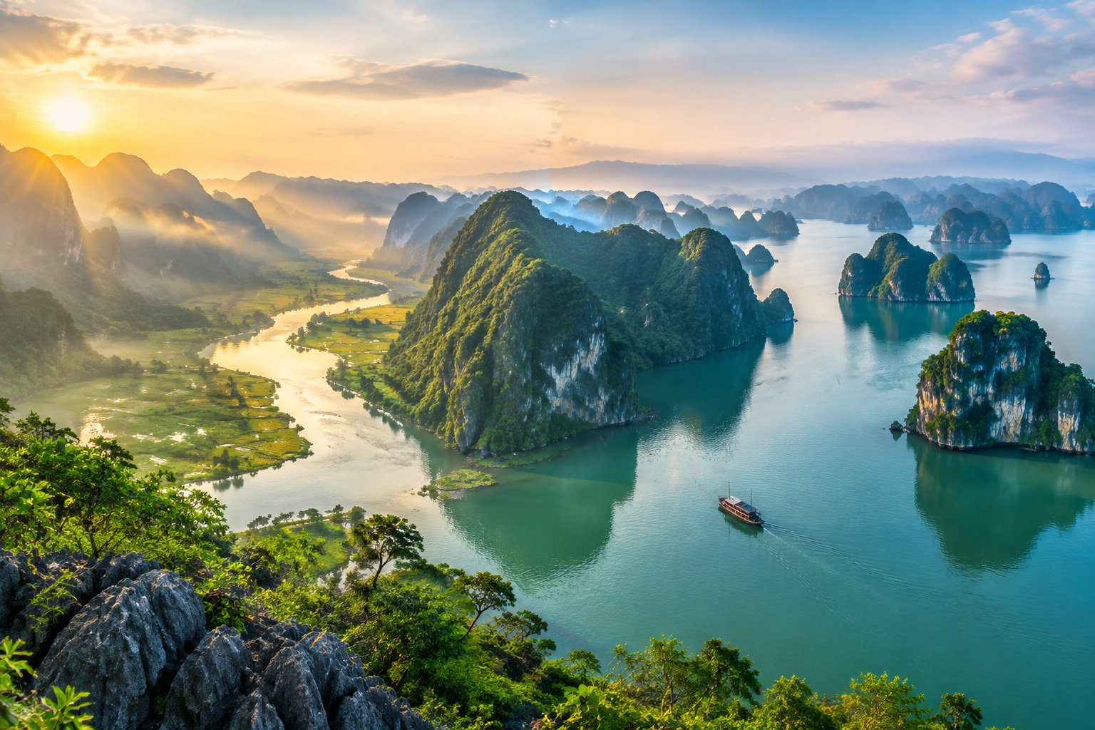 A wooden boat on calm water among green limestone mountains and islands.