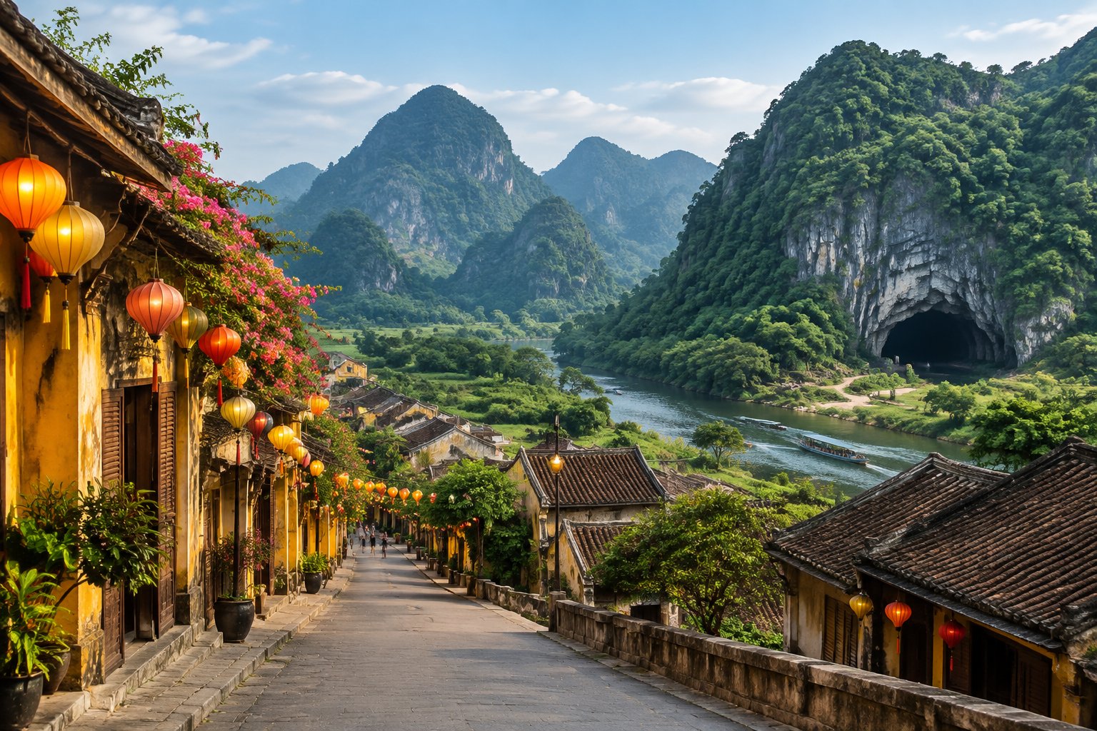 A lantern-lined historic street near a river, with green limestone mountains and a cave entrance in the distance.
