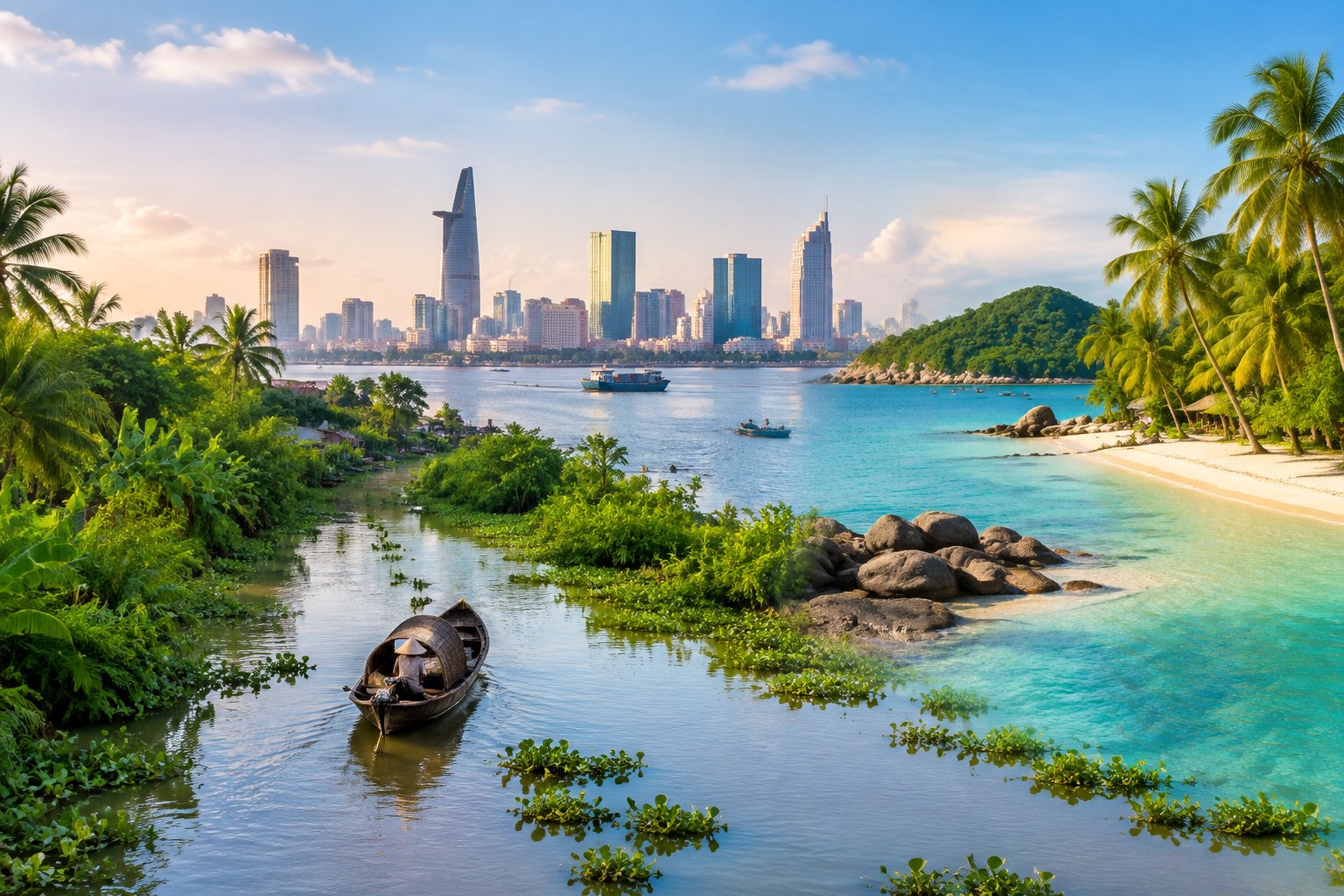 A wooden boat travels along a Mekong Delta canal, with a tropical island shore and a distant city skyline.