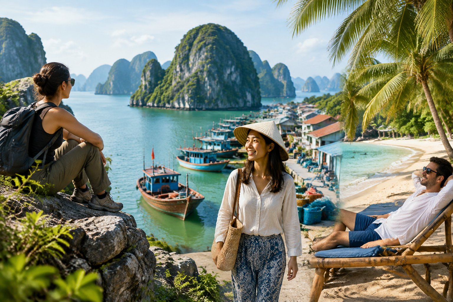Travelers enjoy a Vietnamese coast with limestone islands, a fishing village, and a tropical beach.