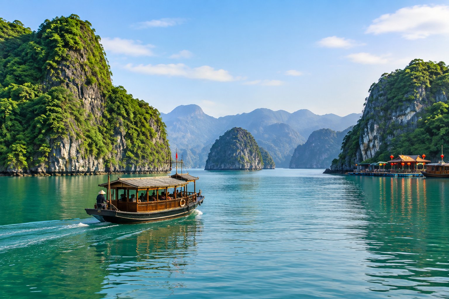 A wooden boat travels across Ha Long Bay among green limestone islands.