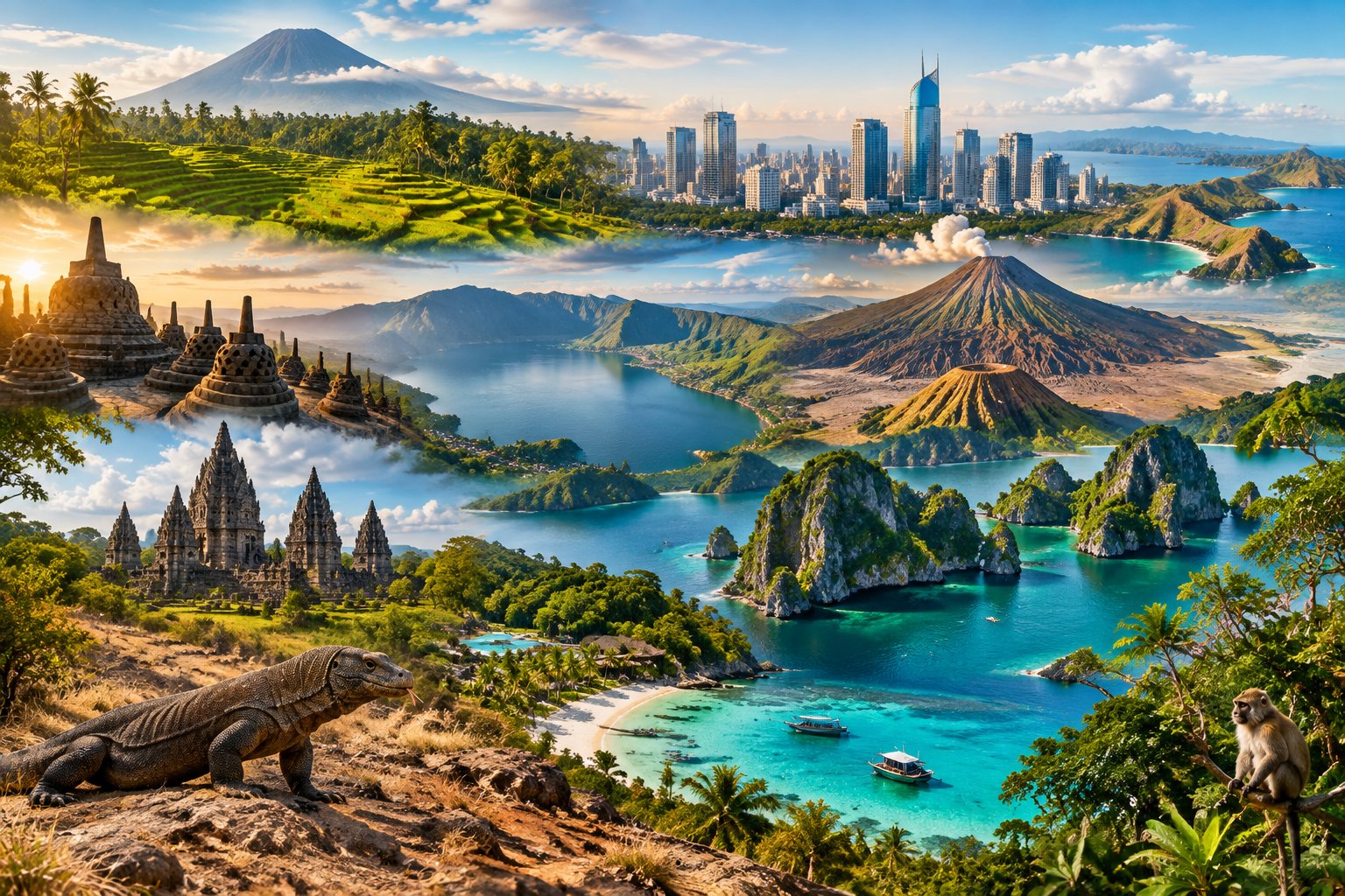 Indonesia’s islands, temples, volcanoes, rice terraces, and tropical coastline.