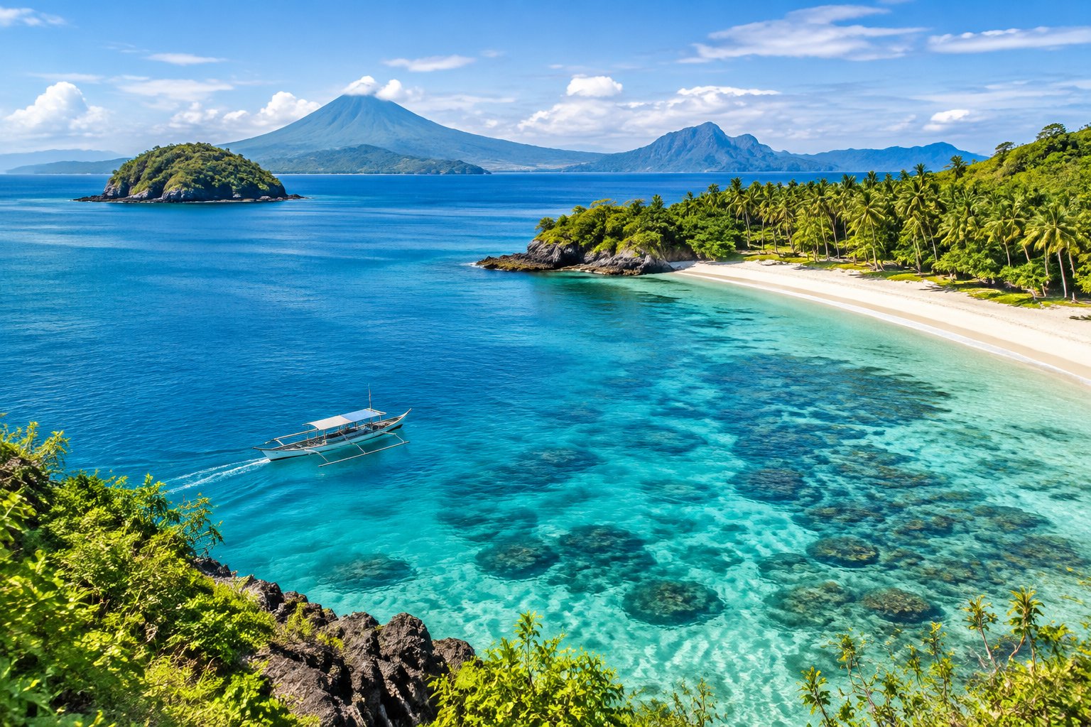 A wooden outrigger boat crosses clear tropical water near a palm-lined beach, with island mountains in the distance.