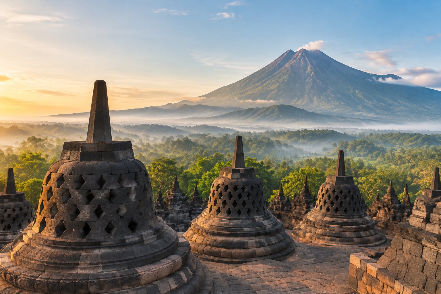 Stone temples sit among tropical greenery beneath a distant volcano.