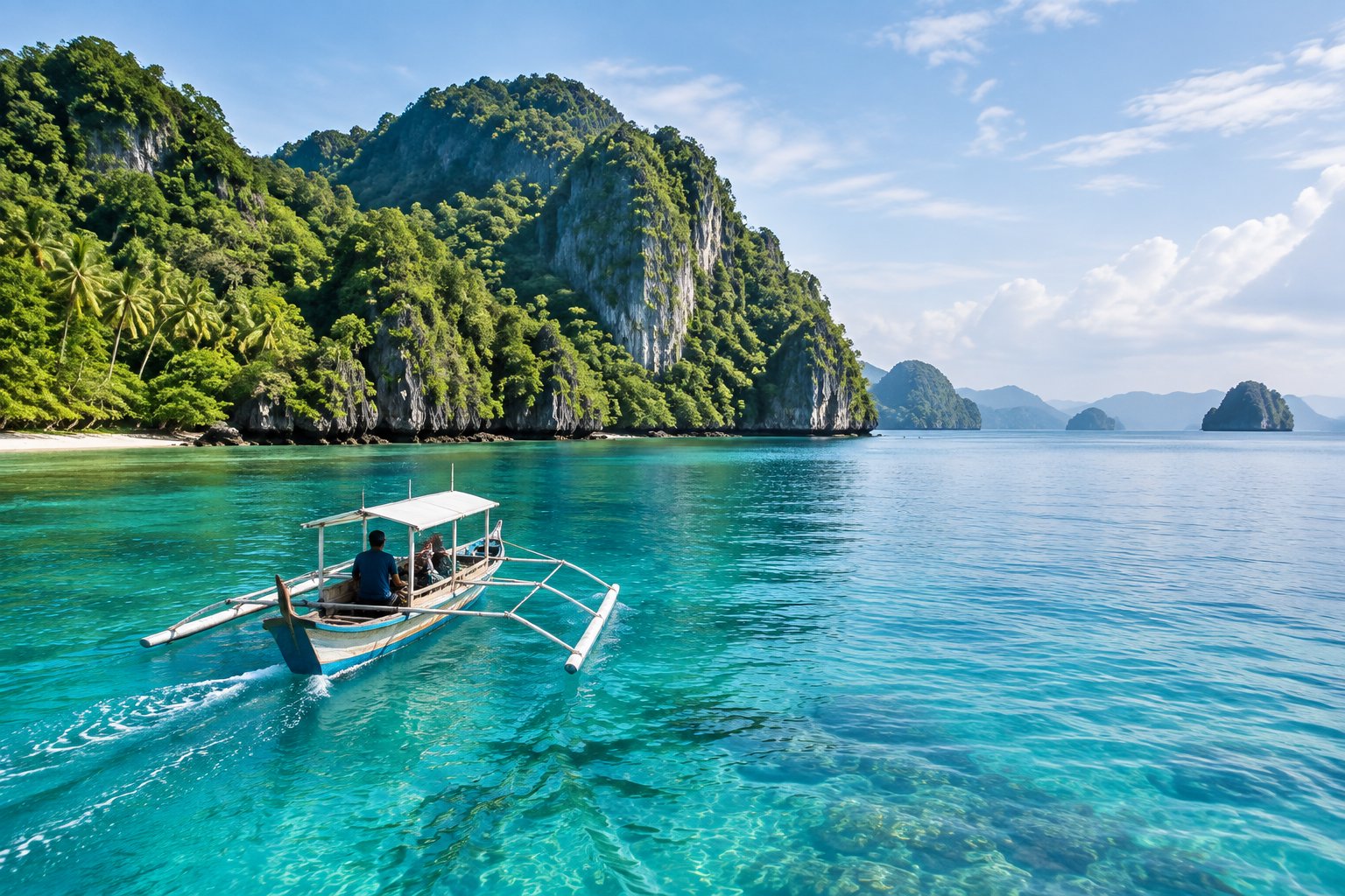 A wooden outrigger boat crosses turquoise water near a lush Indonesian island.