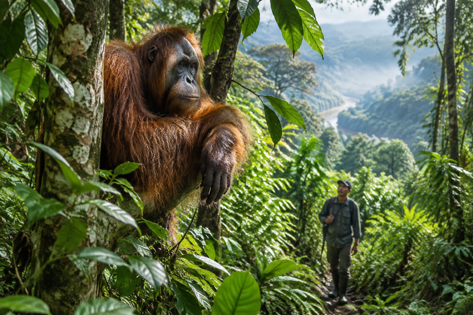 An orangutan rests in a rainforest tree as a local guide watches from a forest path.