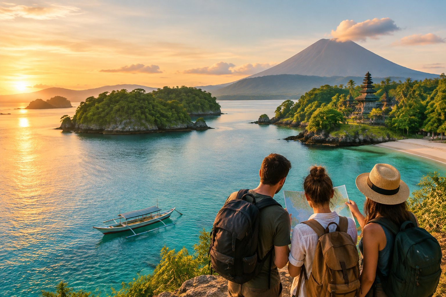 Travelers look across a tropical Indonesian coastline toward green islands and a volcanic mountain.