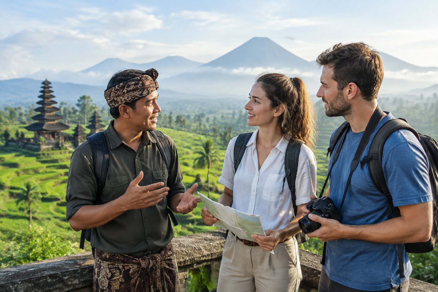 A local guide speaks with two visitors at a scenic overlook above Bali’s rice terraces.