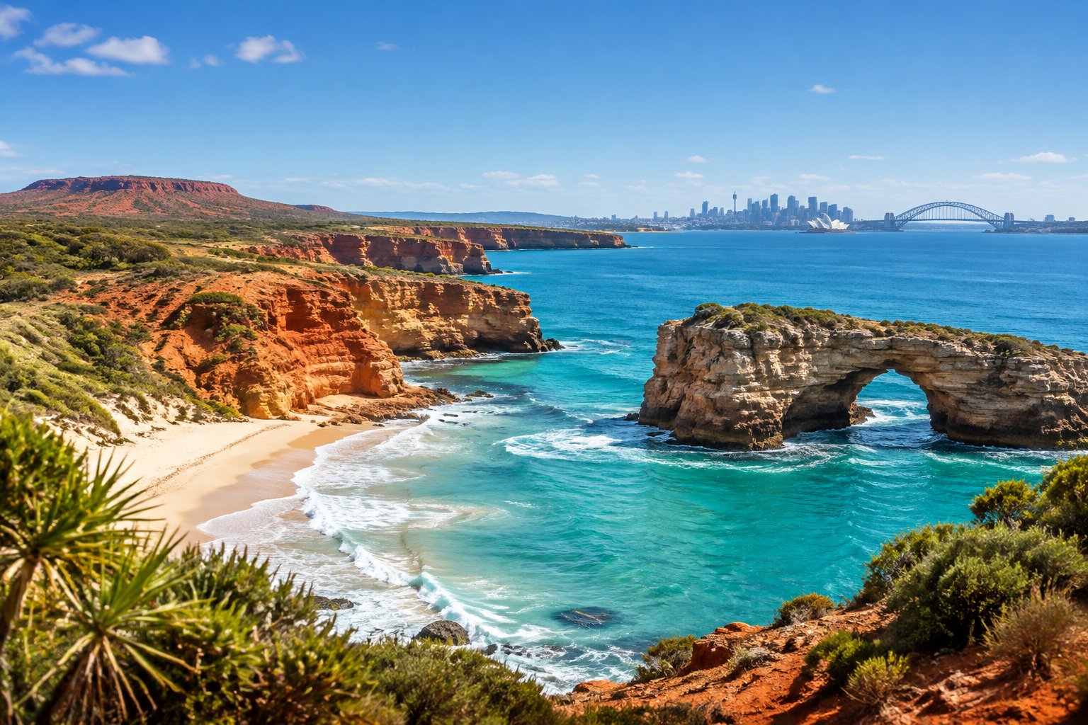 A sunlit Australian coastline with turquoise water, red cliffs, a natural rock arch, and Sydney Harbour in the distance.