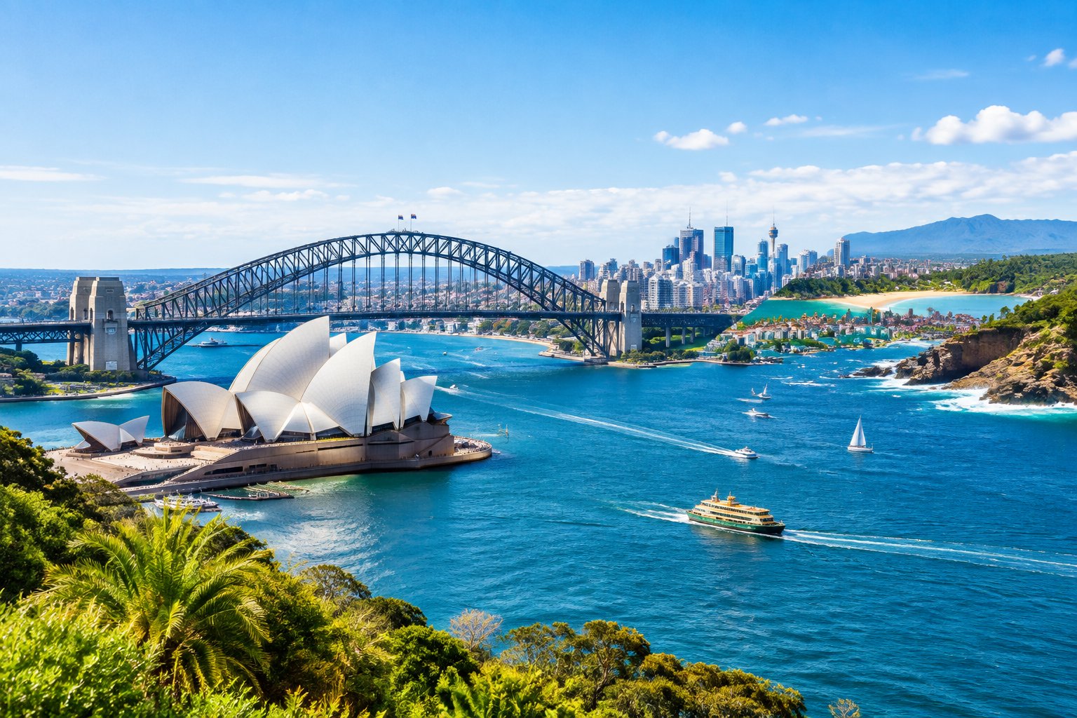 Sydney Harbour with the Opera House, Harbour Bridge, blue water, and a sunlit coastline.