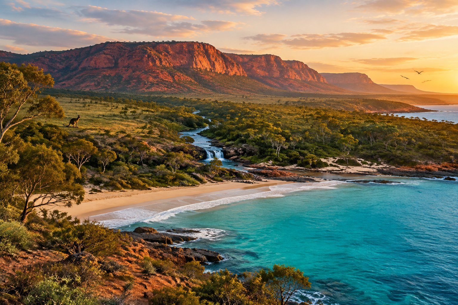 A red-rock outback meets a turquoise coastline and green Australian wilderness.