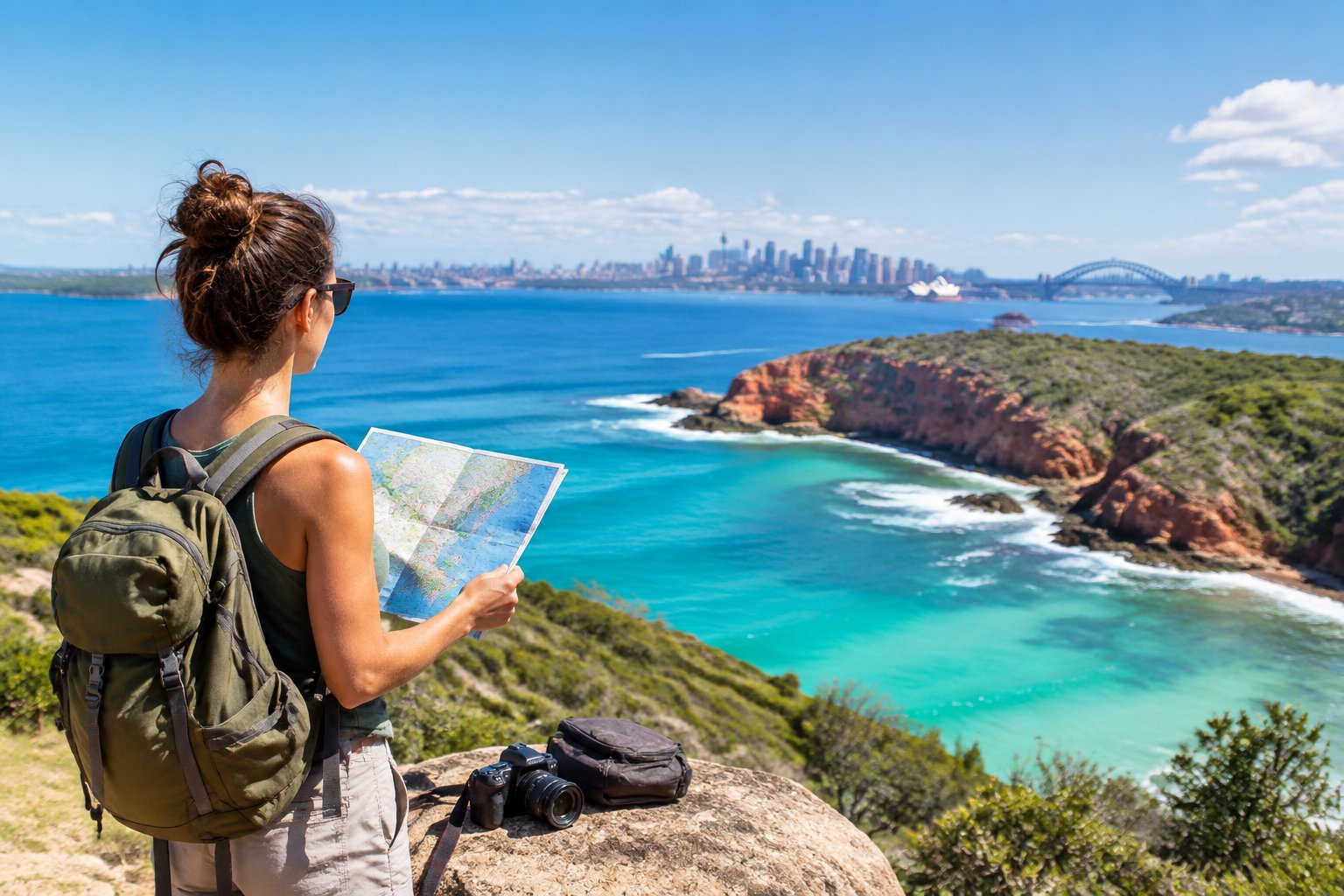 A traveler studies a map at a coastal lookout overlooking the ocean and a distant harbor landmark.