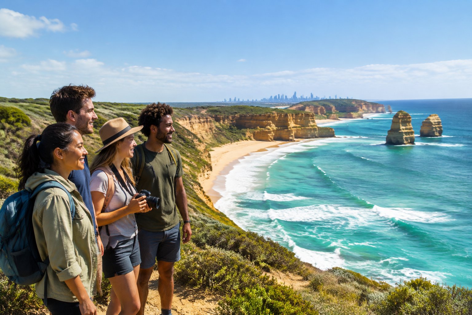 Travelers admire a scenic Australian coastline.