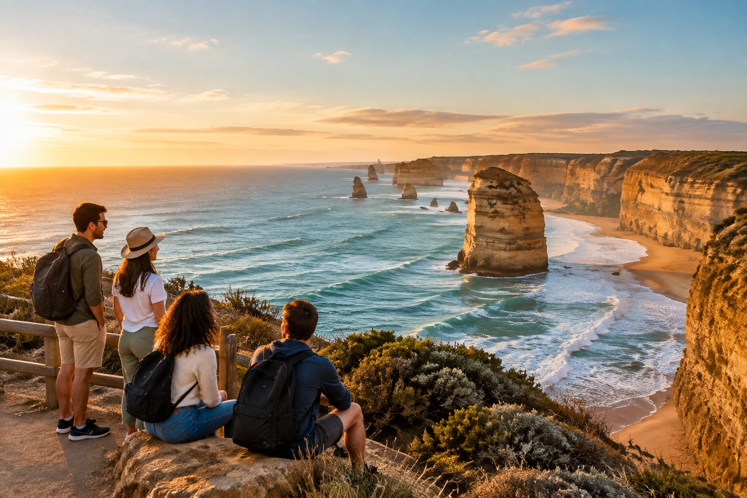 Travelers look out over a rugged Australian coastline.