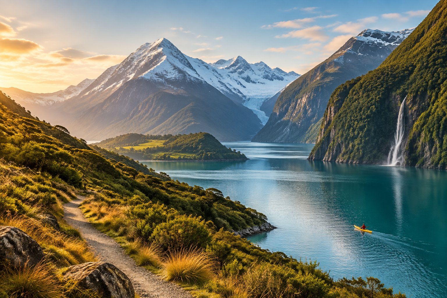 A turquoise lake beneath snow-capped mountains, with green hills and a forested fjord.