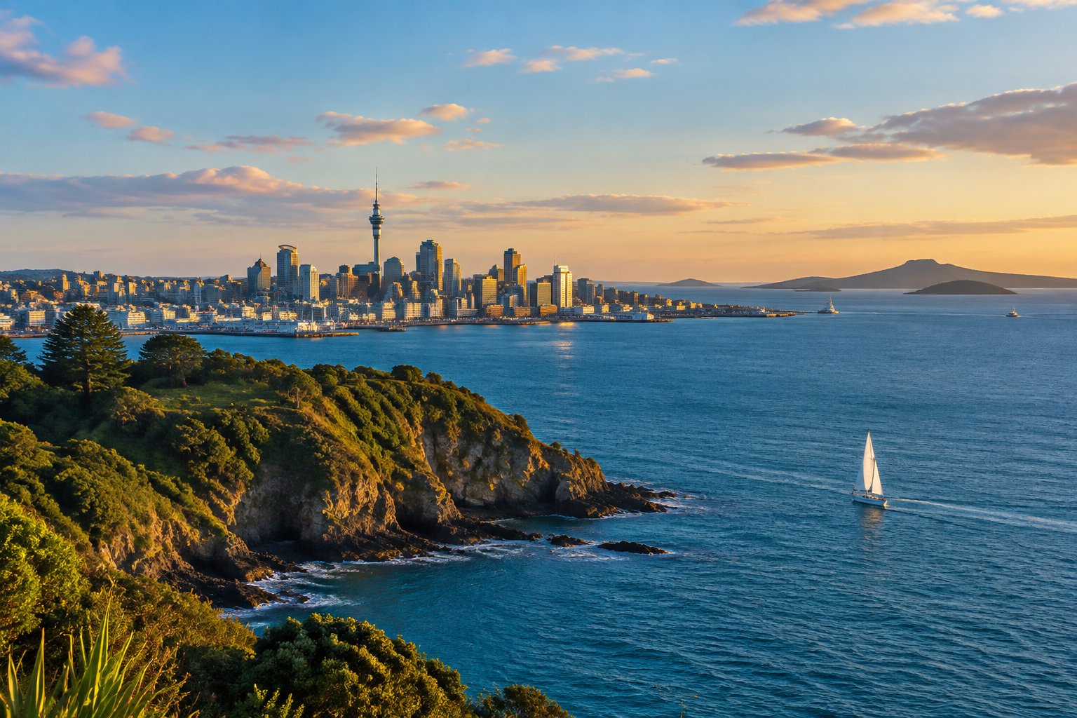 Auckland’s skyline beside a green coastal headland and blue harbor.