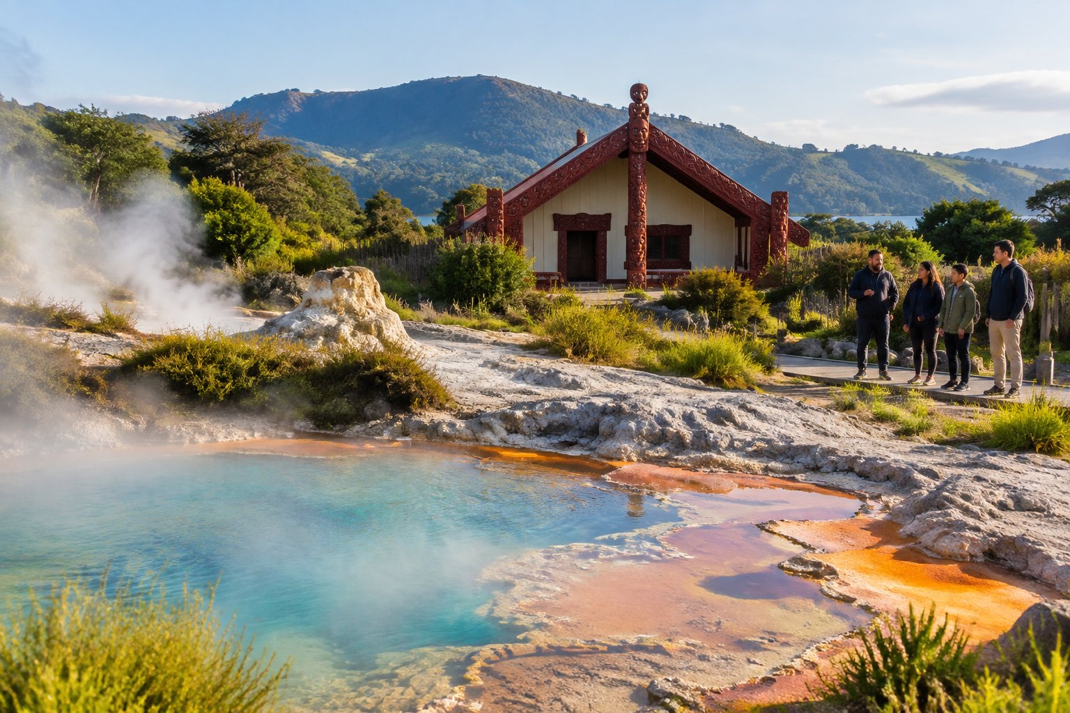 Steam rises from colorful geothermal pools near a carved Māori meeting house in a green landscape.