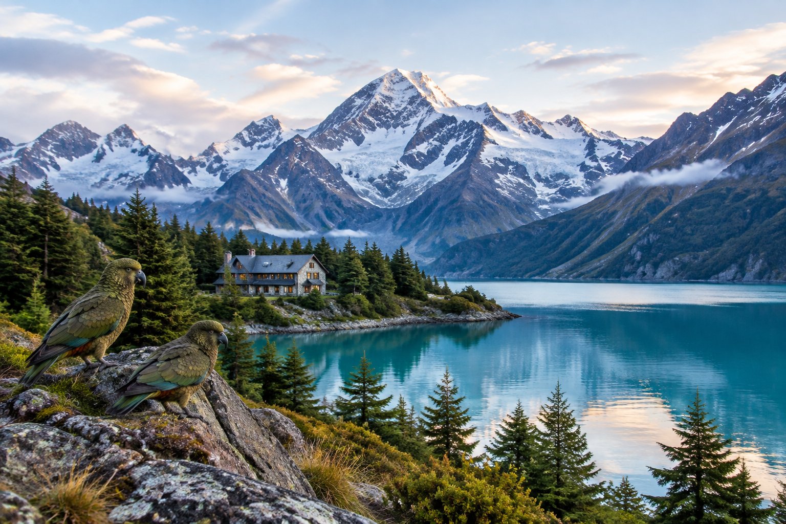 A turquoise lake, alpine lodge, kea parrots, and snow-capped mountains on New Zealand’s South Island.