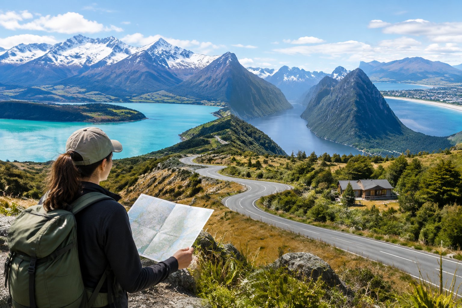 A traveler studies a map at an overlook above a New Zealand landscape with mountains, a lake, a fjord, and a lodge.