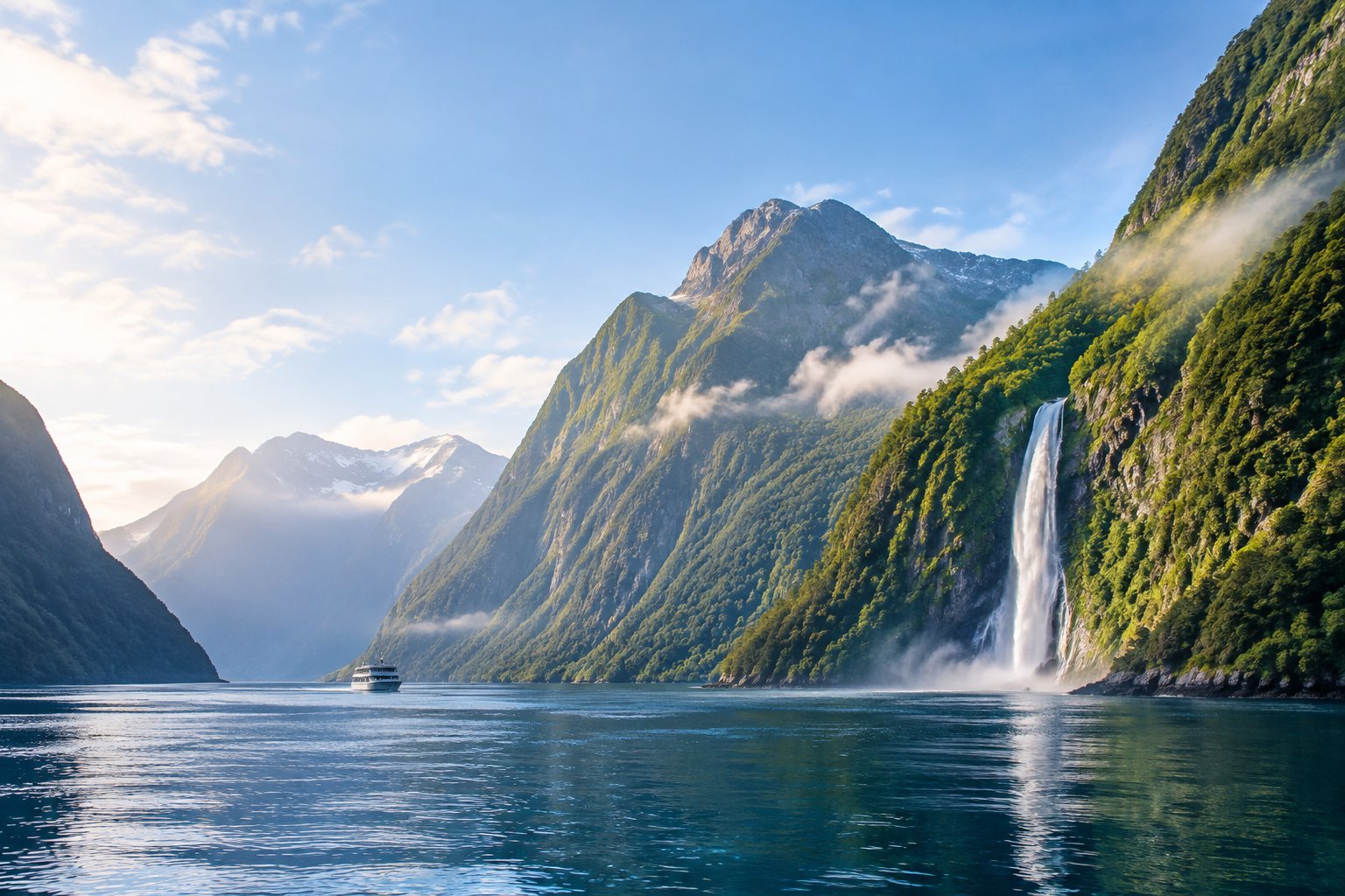 A boat crosses the water beneath the steep mountains and waterfalls of Milford Sound.