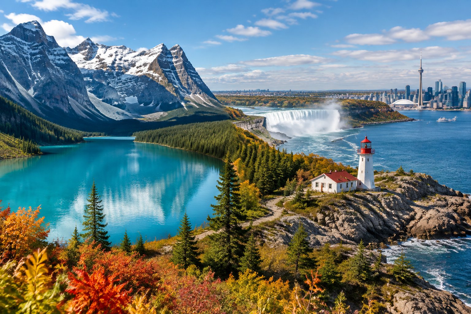 A panoramic view of Canadian mountains, turquoise lakes, a waterfall, a lighthouse, and a coastal city.