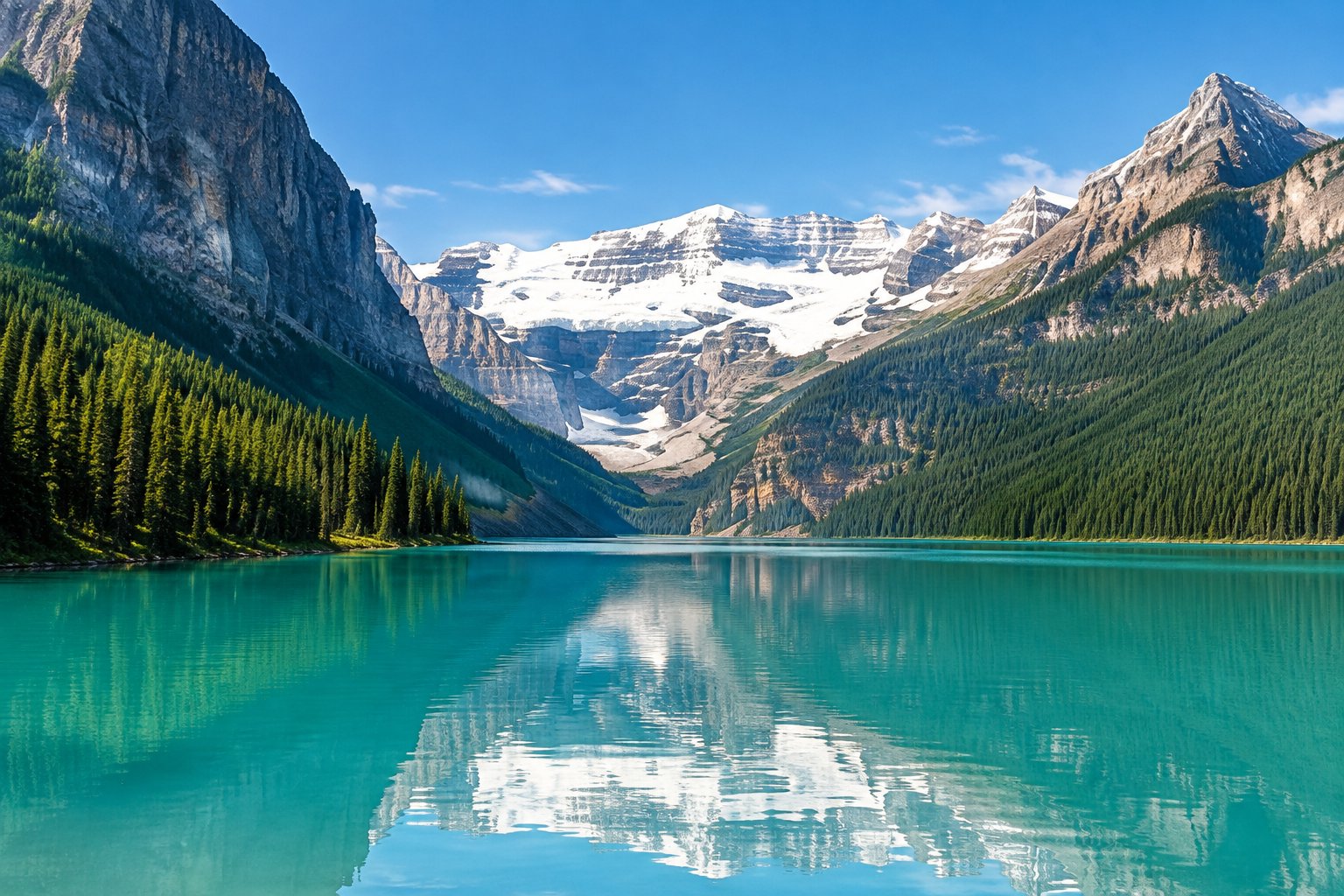 Turquoise Lake Louise beneath the forested Canadian Rockies and Victoria Glacier.