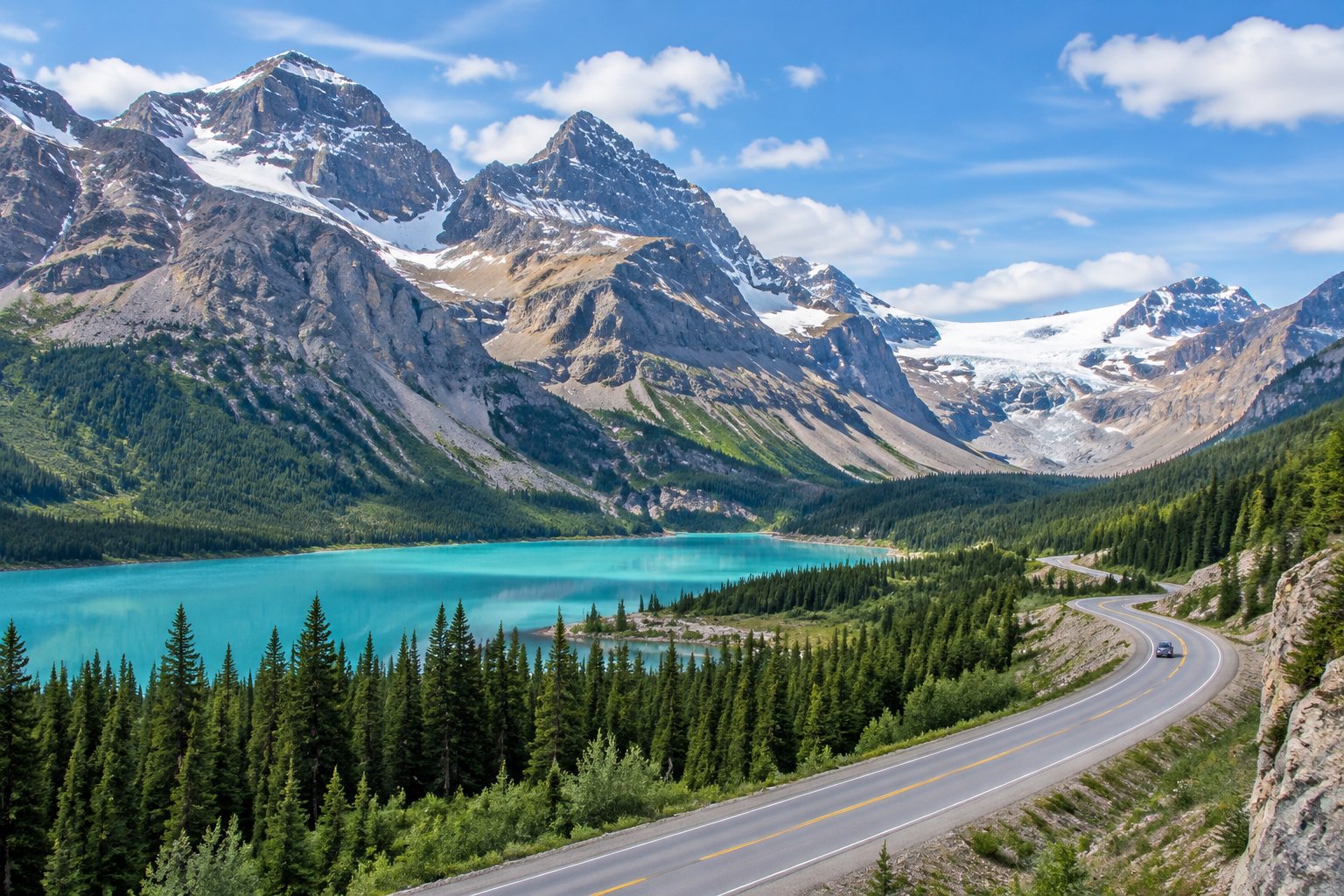 A mountain road winds past a turquoise lake and evergreen forest beneath the peaks of the Canadian Rockies.