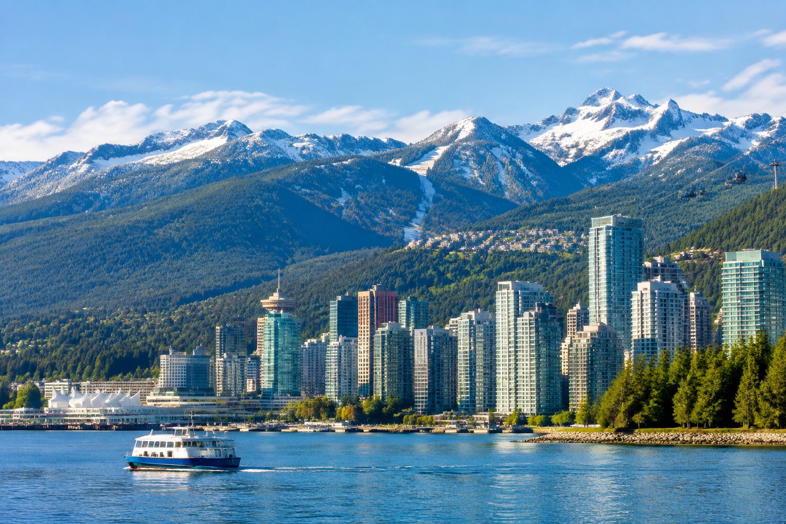 Vancouver’s waterfront and skyline with snow-dusted mountains in the distance.