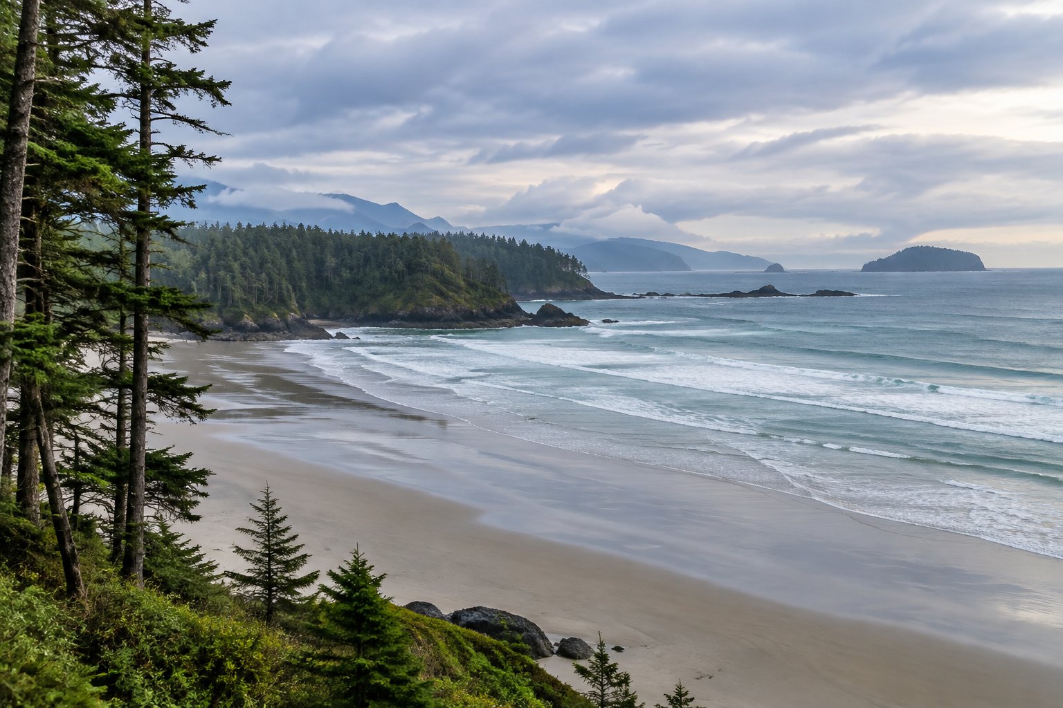 Ocean waves wash onto a sandy beach beneath a forested headland.