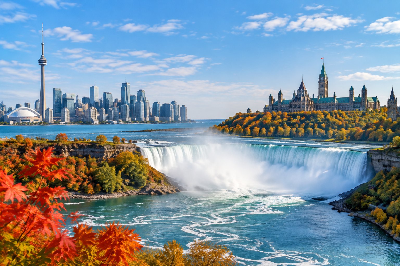 Toronto’s skyline, Niagara Falls, and Ottawa’s Parliament buildings appear in a Canadian travel scene.