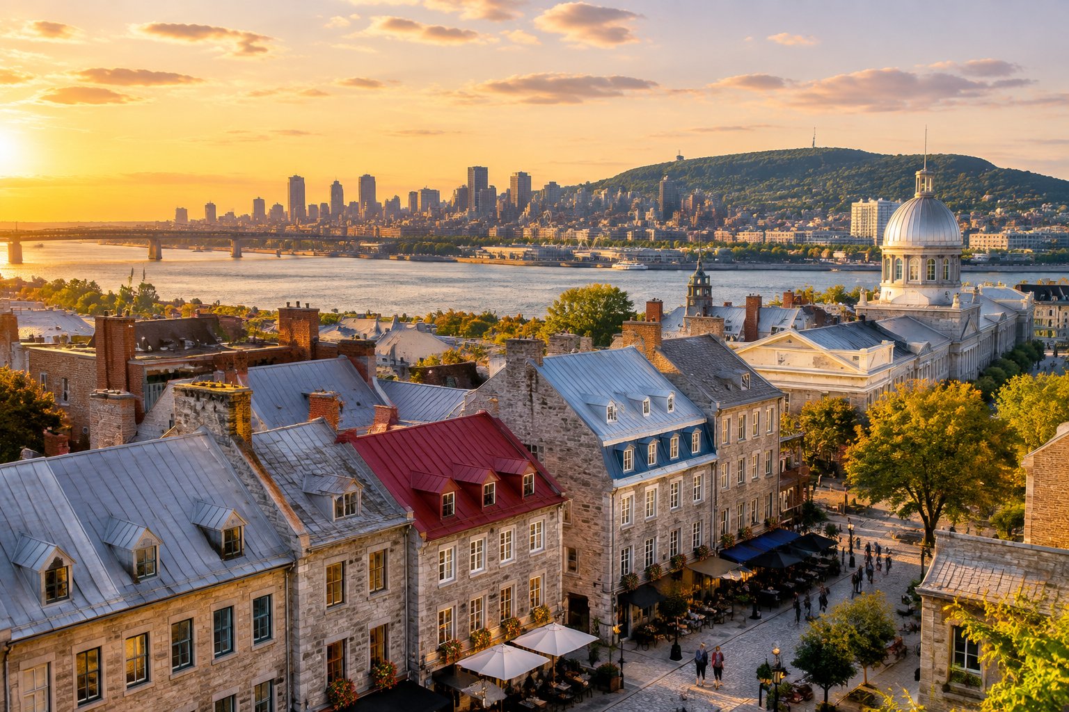 A view across Old Montreal toward the St. Lawrence River and Mount Royal.