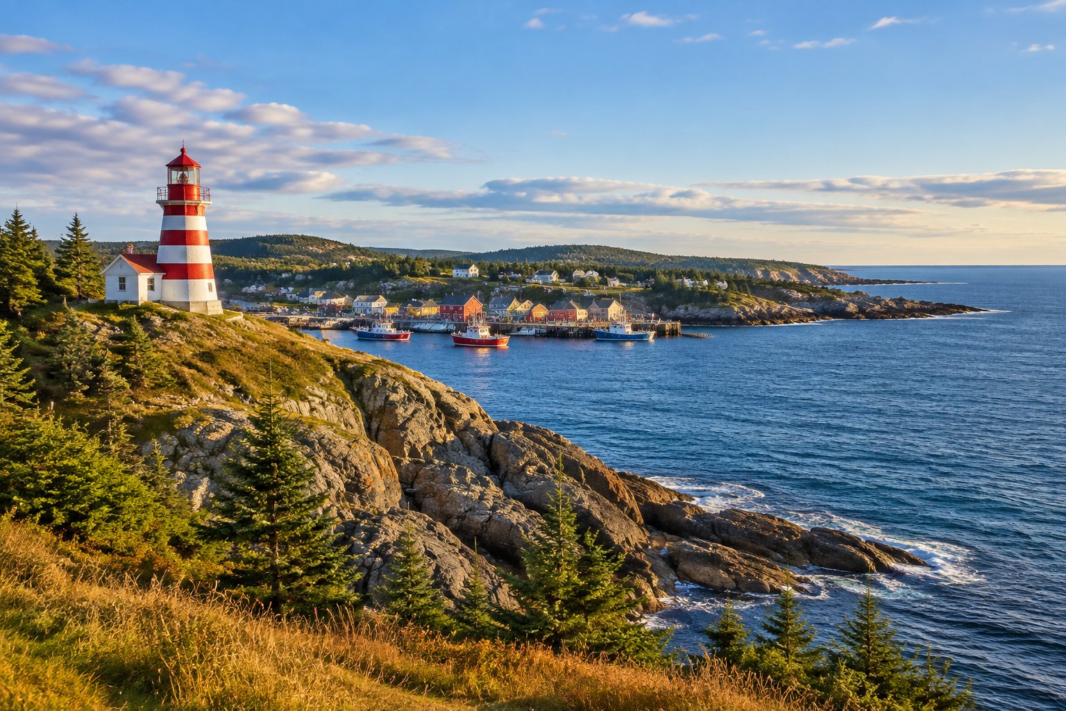A lighthouse overlooks a rocky Atlantic coastline and a small fishing village.