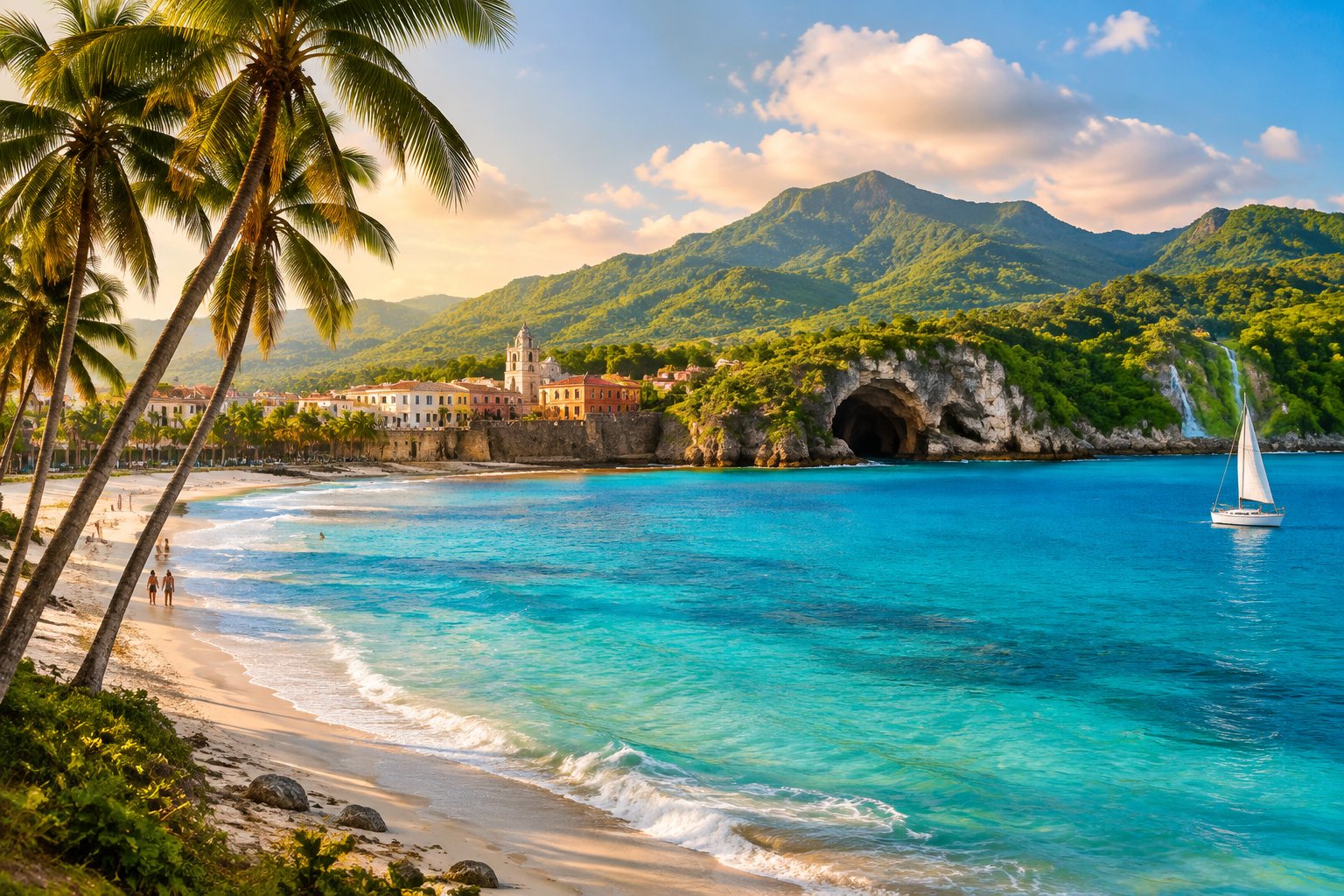 A palm-lined Caribbean beach with turquoise water, tropical mountains, and distant historic buildings.