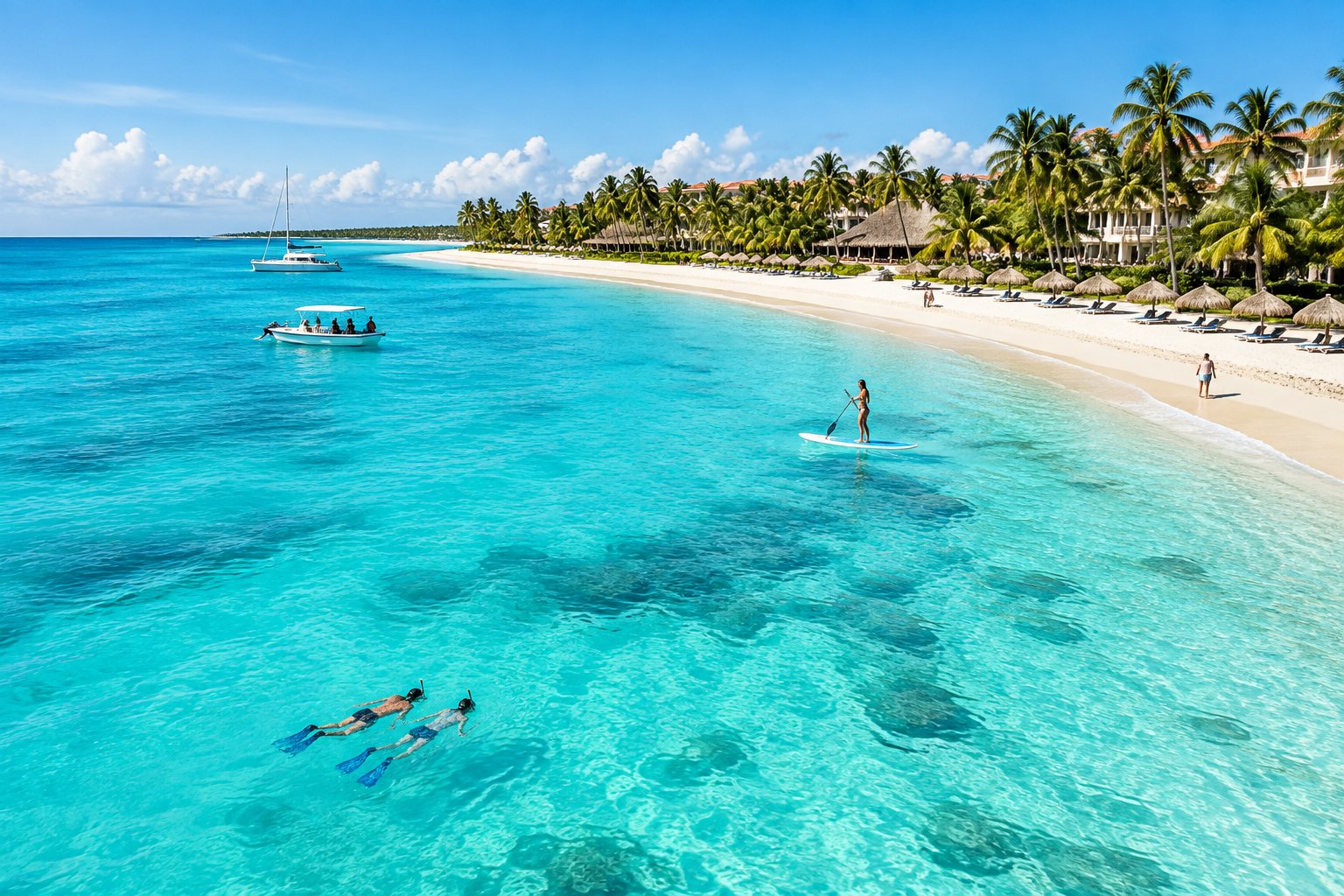 A tropical resort beside a white-sand beach, with palm trees, turquoise water, and small boats offshore.