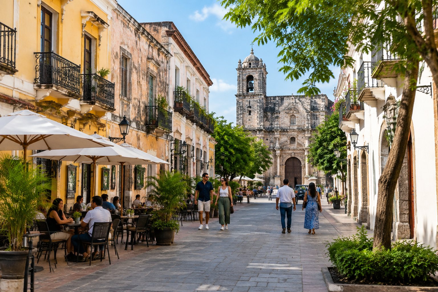 People stroll along a historic street in Santo Domingo, with colonial buildings and a cathedral in the background.