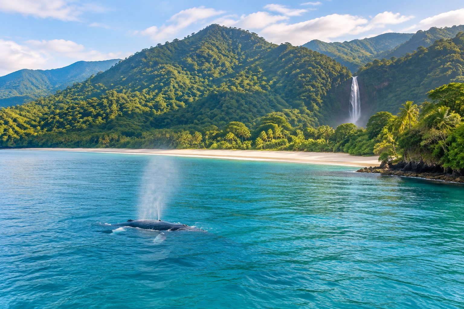 A humpback whale surfaces in a calm bay beside a tropical beach and forested mountains.