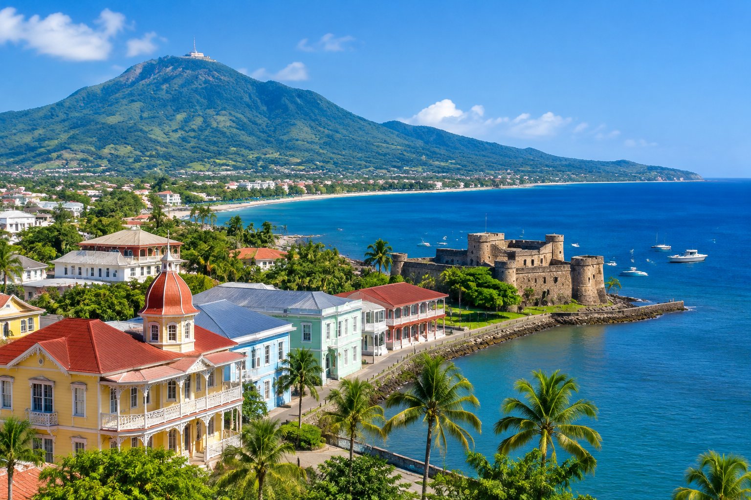 Colorful historic buildings and a waterfront fortress in Puerto Plata, with the Atlantic Ocean and Mount Isabel de Torres in the background.