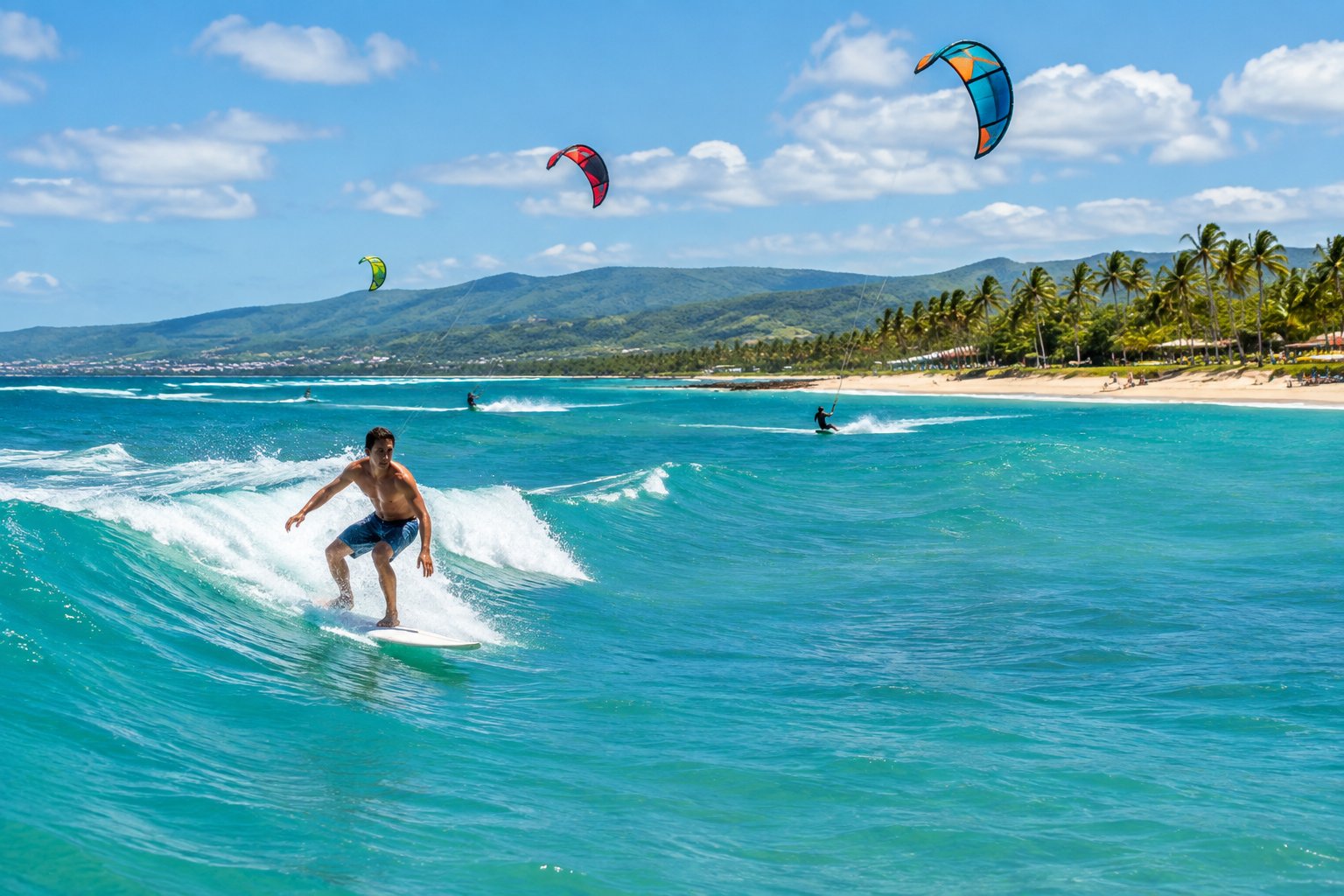 A surfer rides a wave as kitesurfers glide across the turquoise water off a palm-lined beach.