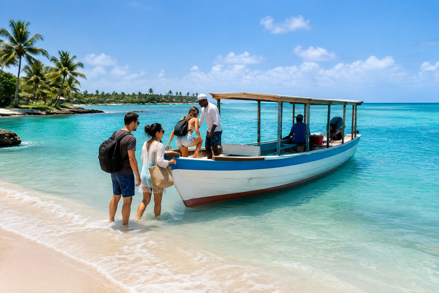 Travelers board a small boat from a tropical beach in Bayahibe.