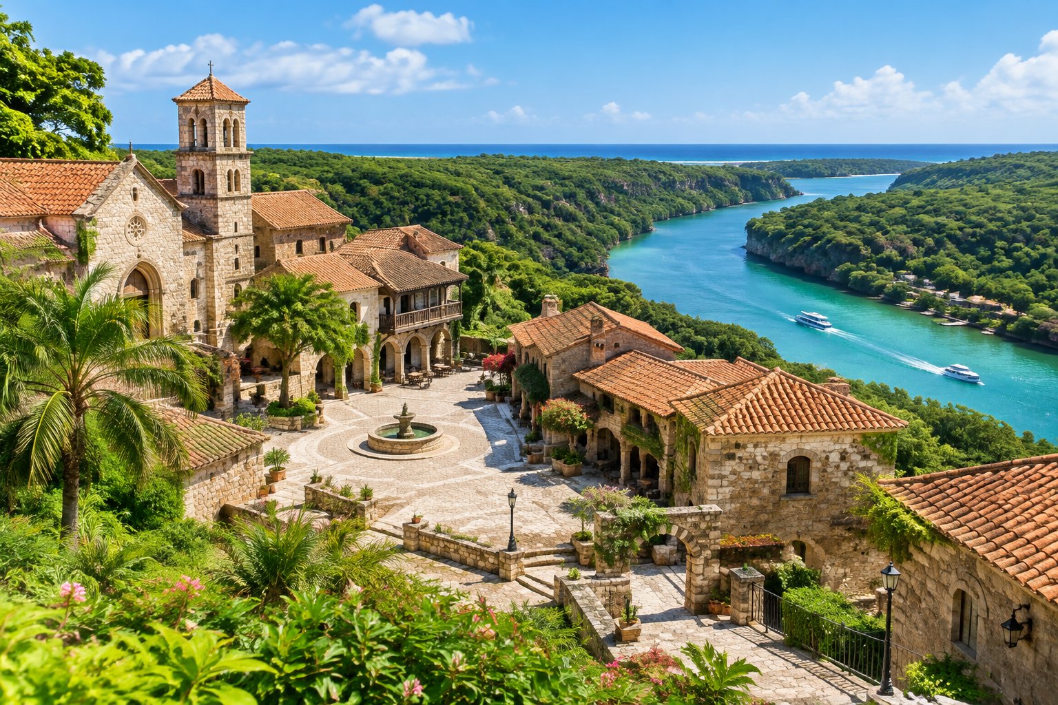 A stone village overlooks a green river canyon, with a small boat on the water.