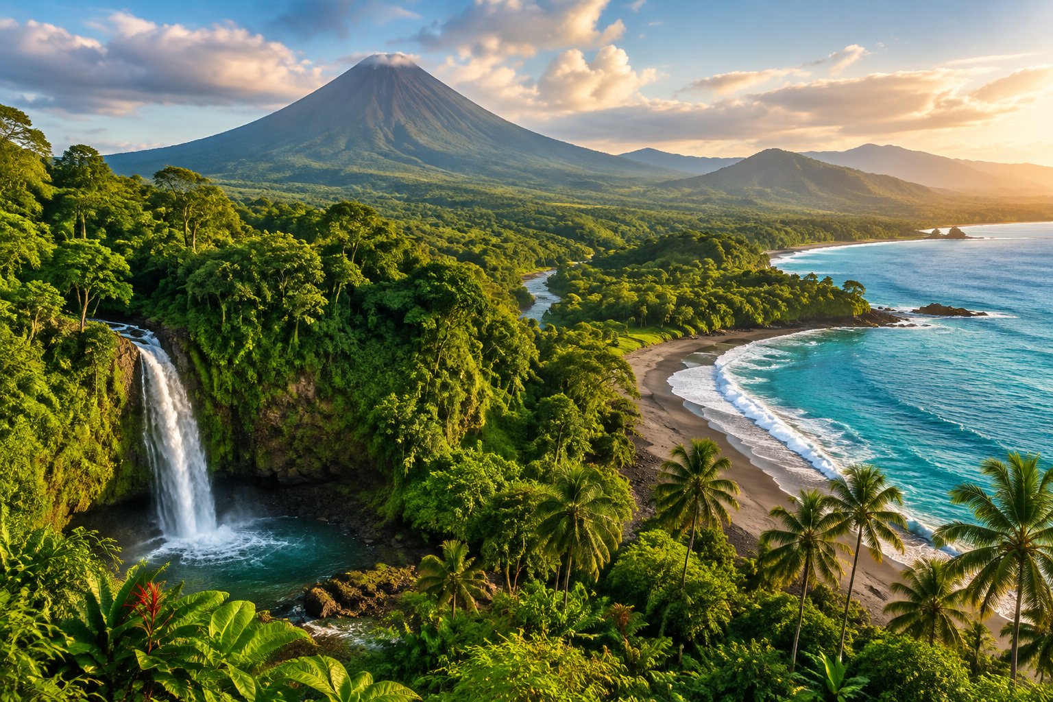 A tropical Costa Rican landscape with a volcano, rainforest, waterfall, and coastline.