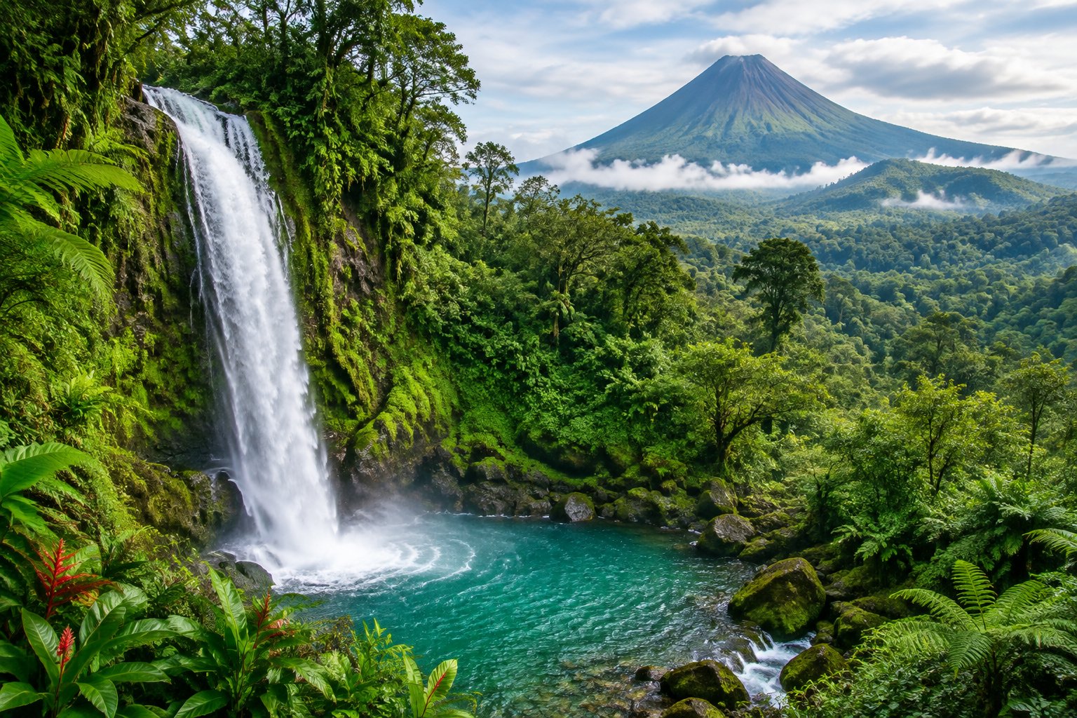 A waterfall drops into a pool beneath a misty volcano surrounded by dense forest.