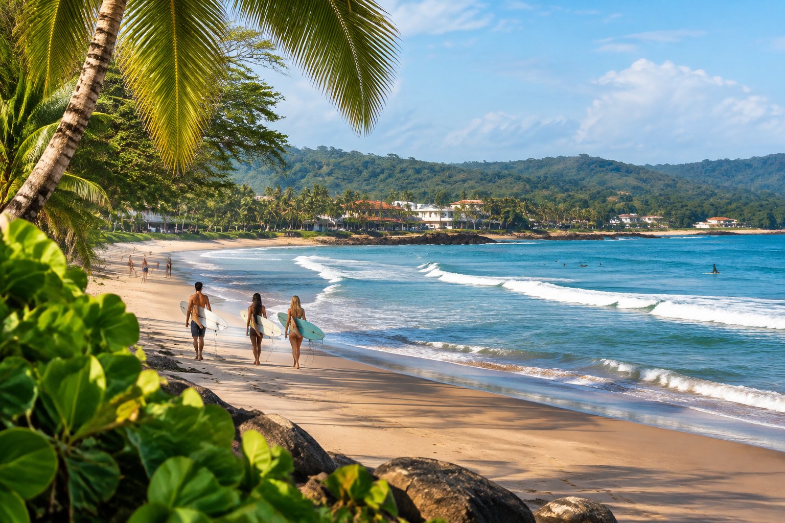 Surfers walk along a tropical Costa Rican beach beside rolling Pacific waves.
