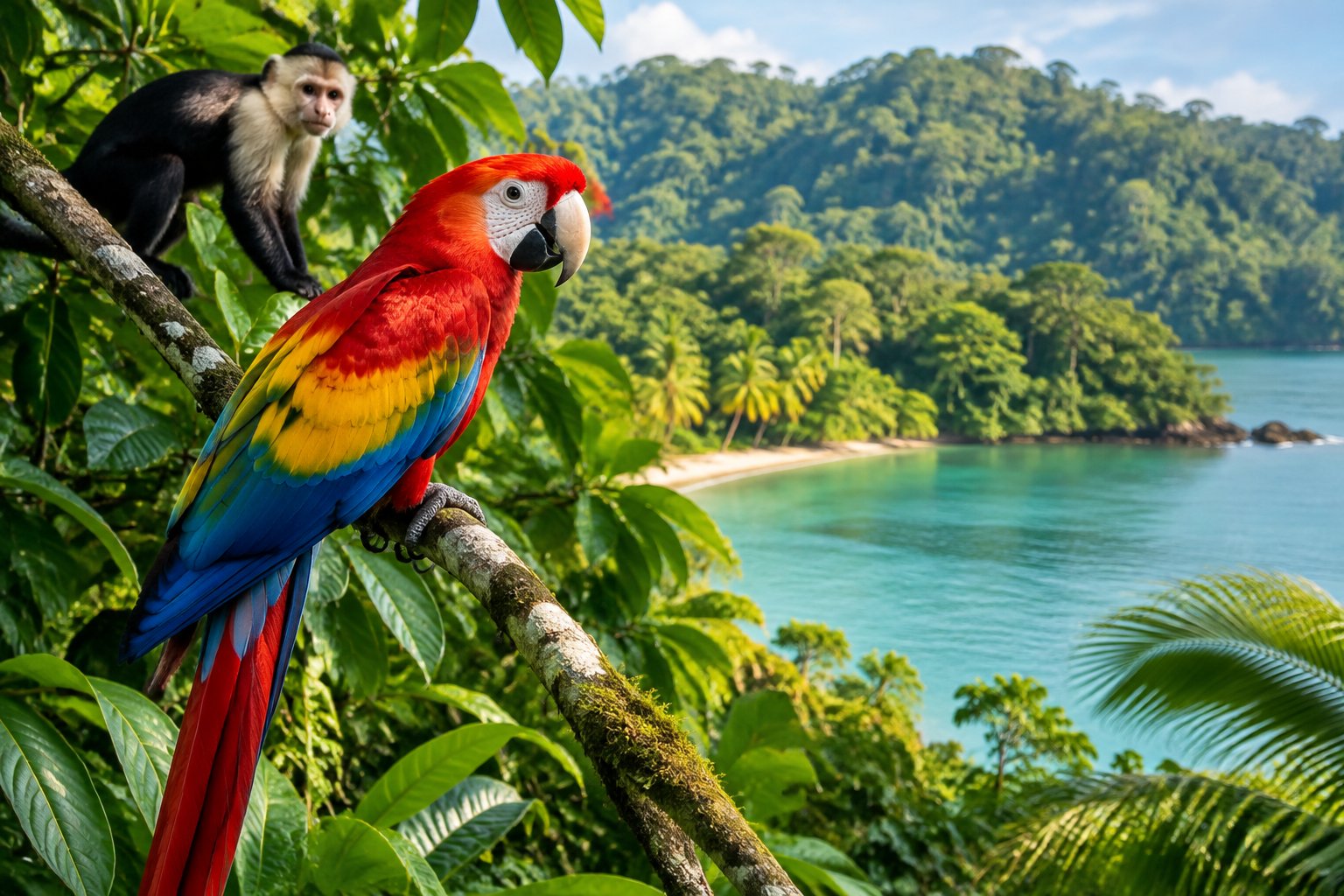 A scarlet macaw and a capuchin monkey among rainforest foliage beside a tropical lagoon.