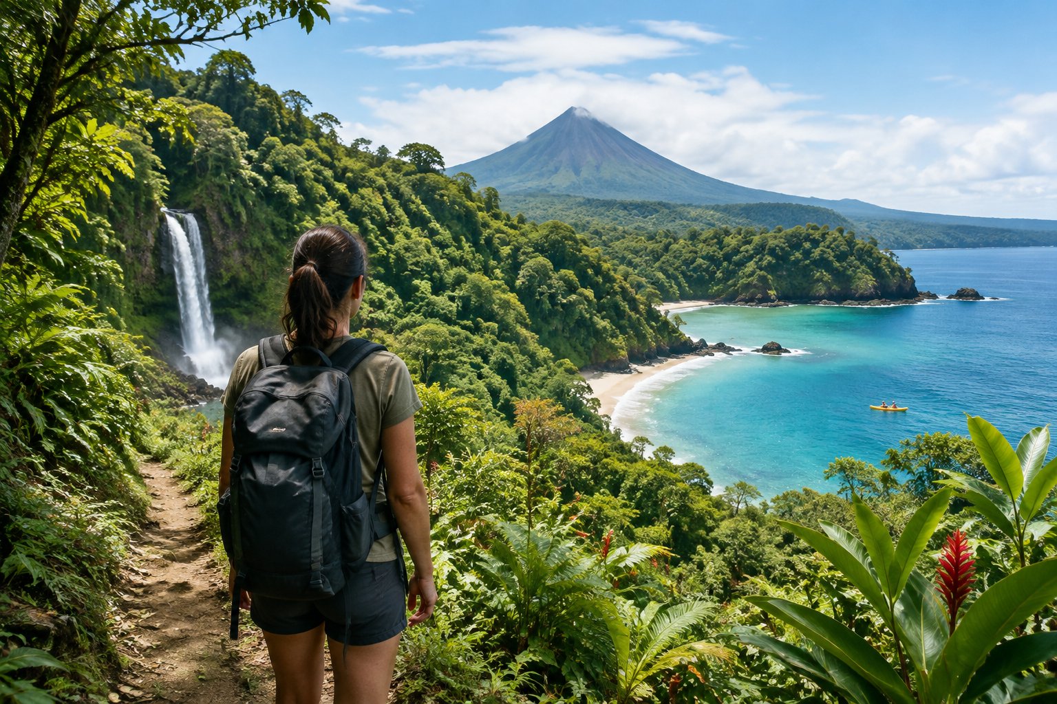A traveler looks across a Costa Rican landscape with rainforest, a waterfall, a volcano, and a tropical coast.