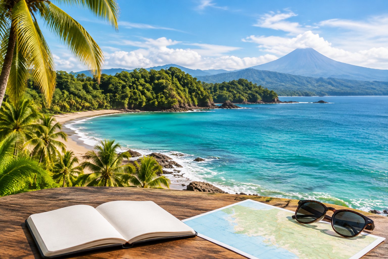 A tropical Costa Rican beach with rainforest-covered mountains and a travel notebook nearby.