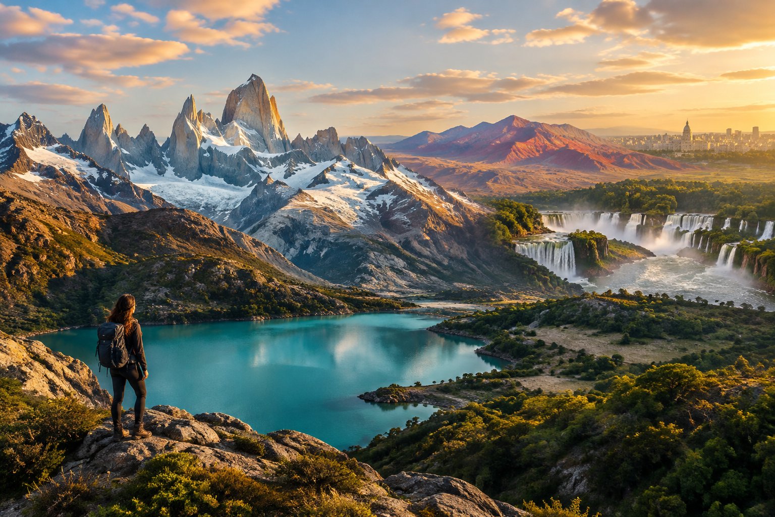 A traveler looks out over a turquoise lake and rugged mountains in Argentina.