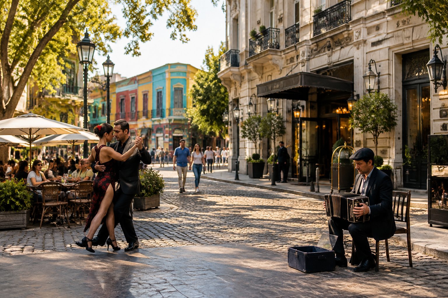 A tango couple dances beside a leafy Buenos Aires avenue lined with cafés and historic buildings.
